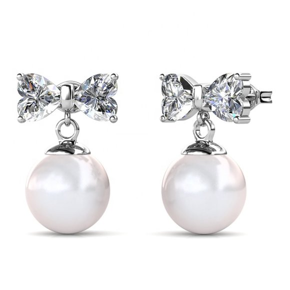 Heart Bow With Pearl Drop Earrings Australian Crystals - Picture 4 of 5